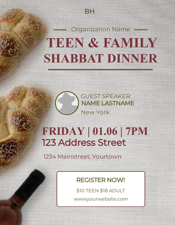 Shabbat dinner with Guest Speaker Flyer