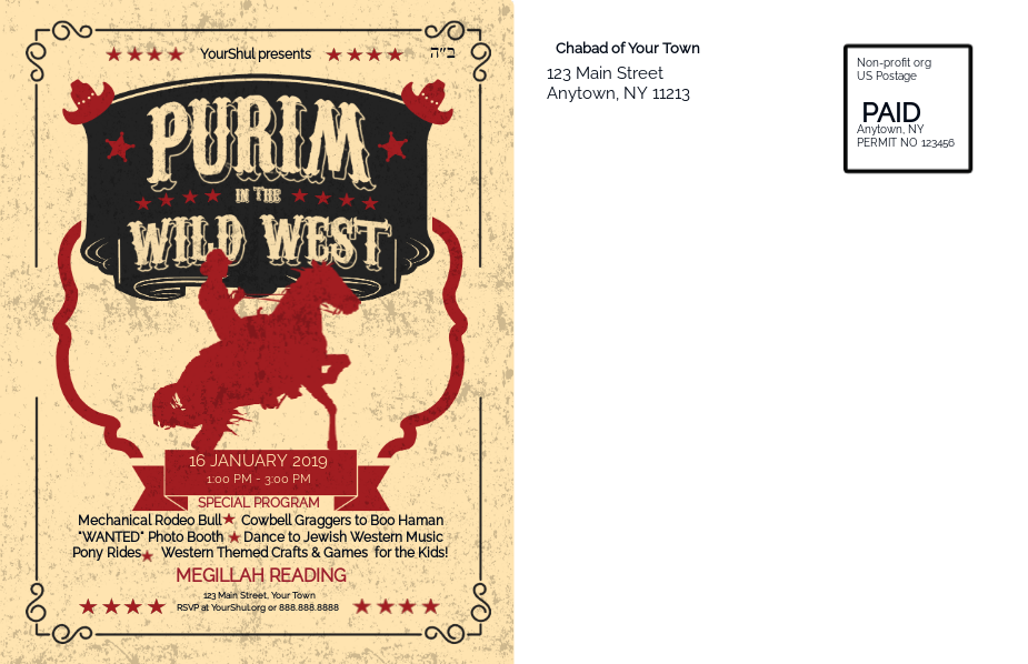 Purim In the Wild West Postcard Back